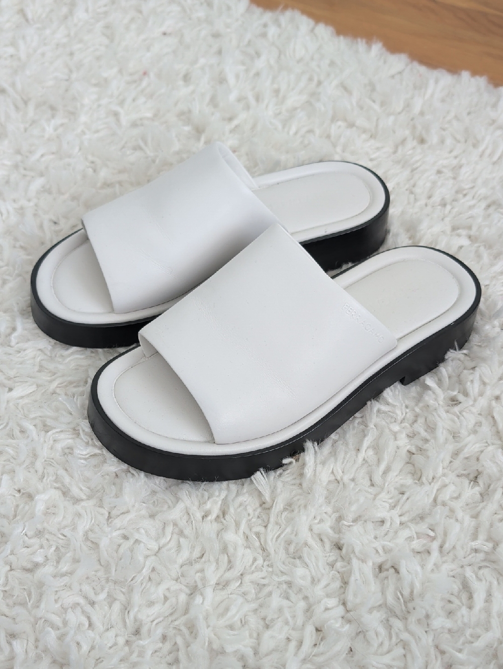 Men's Salvatore Ferragamo White Slide Mules with Black Sole
